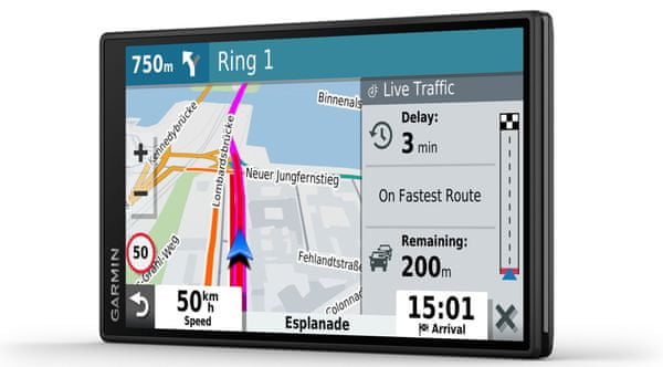 GPS navigace Garmin Drive 55 5,5palcový dotykový displej světové mapy rychlejší doživotní aktualizace map vysoké rozlišení učení návyků slot na paměťové karty microSD karta předpověď cíle jízdní návyky upozornění na sjezd a křižovatky držák výkonná navigace do auta výkonná automobilová navigace dlouhá výdž baterie jasný displej WiFi Bluetooth doprovodná aplikace
