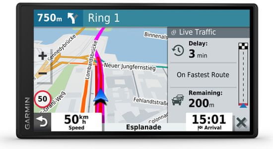GPS navigácia Garmin Drive 55 5,5-palcový dotykový displej svetové mapy rýchlejšia doživotná aktualizácia máp vysoké rozlíšenie učenie návykov slot na pamäťové karty microSD karta predpoveď ciele jazdné návyky upozornenie na zjazd a križovatky držiak výkonná navigácia do auta výkonná automobilová navigácia dlhá výdrž batéria jasný displej WiFi Bluetooth sprievodná aplikácia