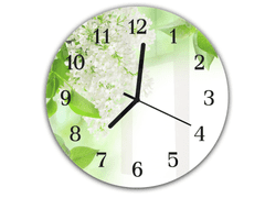 Glasdekor Nástěnné hodiny kulaté pr.30cm bílý květ šeříku a zelené listí - Materiál: kalené sklo