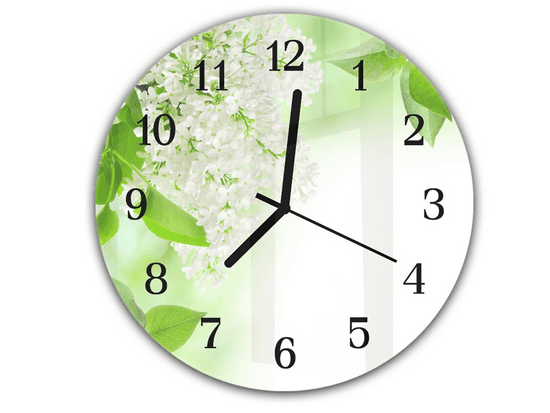 Glasdekor Nástěnné hodiny kulaté pr.30cm bílý květ šeříku a zelené listí