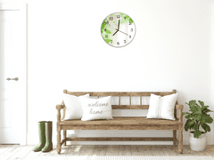 Glasdekor Nástěnné hodiny kulaté pr.30cm bílý květ šeříku a zelené listí - Materiál: kalené sklo