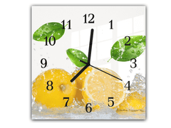 Glasdekor Nástěnné hodiny 30x30cm čerstvé citrony s lístky ve vodě - Materiál: kalené sklo