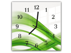 Glasdekor Nástěnné hodiny 30x30cm abstraktní zelená vlna na bílém podkladu - Materiál: kalené sklo