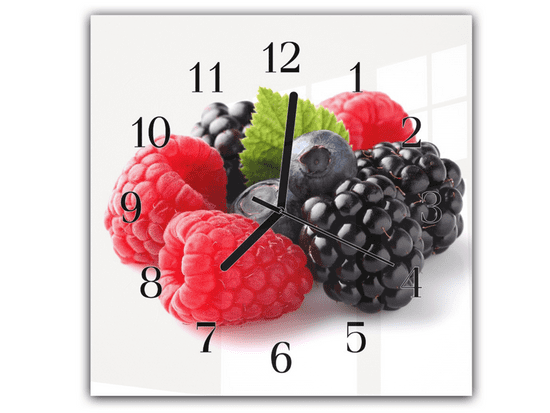 Glasdekor Nástěnné hodiny 30x30cm barevné čerstvé lesní ovoce na bílém pozadí