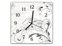 Glasdekor Nástěnné hodiny 30x30cm abstraktní šedý květ na bílém pozadí - Materiál: kalené sklo