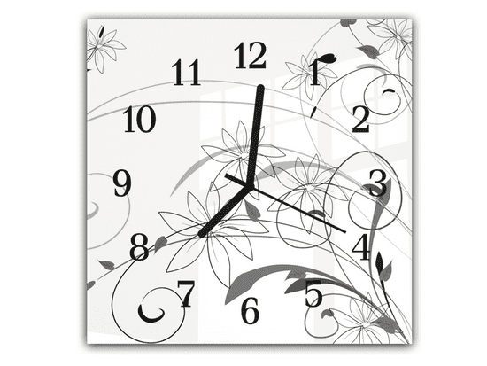 Glasdekor Nástěnné hodiny 30x30cm abstraktní šedý květ na bílém pozadí