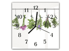 Glasdekor Nástěnné hodiny 30x30cm čerstvé bylinky na tyči k sušení - Materiál: kalené sklo