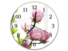 Nástěnné hodiny pr.30cm větev kvetoucí růžové magnolie - Materiál: plexi