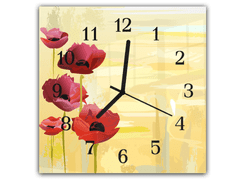 Glasdekor Nástěnné hodiny 30x30cm malované květy vlčích máků na žlutém podkladu - Materiál: kalené sklo