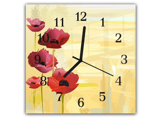 Glasdekor Nástěnné hodiny 30x30cm malované květy vlčích máků na žlutém podkladu