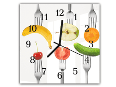 Glasdekor Nástěnné hodiny 30x30cm čerstvé ovoce a zelenina na vidličkách - Materiál: kalené sklo