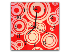 Glasdekor Nástěnné hodiny 30x30cm červený retro vzor - Materiál: kalené sklo