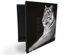 Glasdekor skříňka na klíče - bílý tygr na černém podkladu z boku - Otevírání: Pravé, Barva skříňky: Černá
