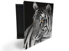 Glasdekor skříňka na klíče - tygr bílý - Otevírání: Pravé, Barva skříňky: Černá