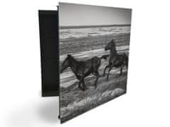 Glasdekor skříňka na klíče - černobílý kůň na pláži - Otevírání: Levé, Barva skříňky: Bílá
