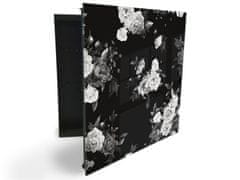 Glasdekor skříňka na klíče - abstraktní bílé květy na černém - Otevírání: Levé, Barva skříňky: Bílá