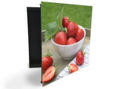 Glasdekor skříňka na klíče - červené jahody v bílé misce - Otevírání: Levé, Barva skříňky: Bílá
