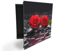 Glasdekor skříňka na klíče - červený květ růže na černém kameni - Otevírání: Levé, Barva skříňky: Černá