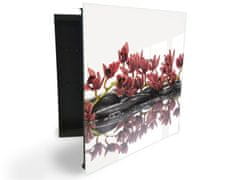 Glasdekor skříňka na klíče - červená orchidej na zen kameni - Otevírání: Levé, Barva skříňky: Bílá