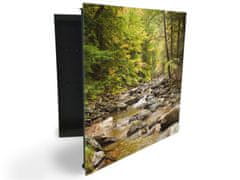 Glasdekor Gladekor skříňka na klíče - dlouhá řeka s kameny v lese - Otevírání: Pravé, Barva skříňky: Černá