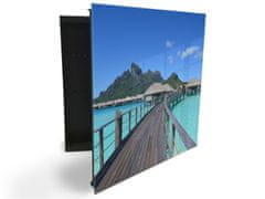 Glasdekor skříňka na klíče - chatky nad mořem Bora Bora - Otevírání: Pravé, Barva skříňky: Černá
