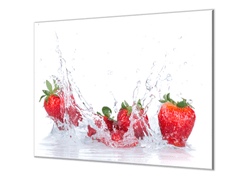 Glasdekor Ochranná deska červené jahody ve vodě - Ochranná deska: 65x65cm, Lepení na zeď: S lepením na zeď