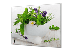 Glasdekor Ochranná deska bylinky v bílém hmoždíři - Ochranná deska: 50x70cm, Lepení na zeď: Bez lepení na zeď
