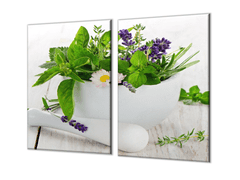 Glasdekor Ochranná deska bylinky v bílém hmoždíři - Ochranná deska: 50x70cm, Lepení na zeď: Bez lepení na zeď