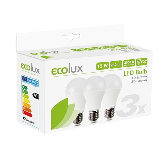 Solight ECOLUX LED žárovka 3-pack, klasický tvar, 12W, E27, 3000K, 270°, 980lm, 3ks v balení