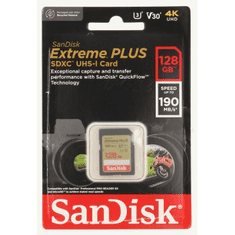 SanDisk Extreme PLUS 128GB SDXC Memory Card 190MB/s and 90MB/s, UHS-I, Class 10, U3, V30