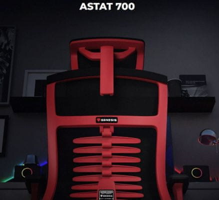 ergonomická herní židle Genesis-Gaming Astat 700 černá červená polohovatelná houpací mechanismus odolná síťovina PureFlow Plus proti pokřivení vaší páteře robustní konstrukce hliník