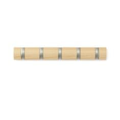 Umbra , Dřevěný věšák na zeď Flip 5 s kovovými háčky | přírodní