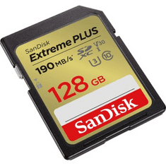 SanDisk Extreme PLUS 128GB SDXC Memory Card 190MB/s and 90MB/s, UHS-I, Class 10, U3, V30