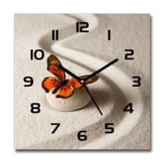 Wallmuralia Skleněné hodiny čtverec Kámen zen a motýl bílé 30x30 cm