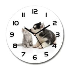 Wallmuralia Skleněné hodiny kulaté Pes a kočka bílé fi 30 cm