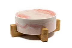 limaya Limaya keramická miska pro psy a kočky žíhaná bílo růžová s dřevěným podstavcem 21 cm