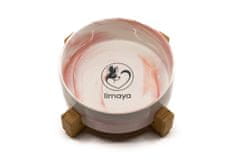 limaya Limaya keramická miska pro psy a kočky žíhaná bílo růžová s dřevěným podstavcem 21 cm
