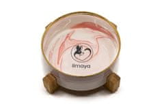 limaya Limaya keramická miska pro psy a kočky žíhaná bílo růžová se zlatým okrajem s dřevěným podstavcem 13 cm