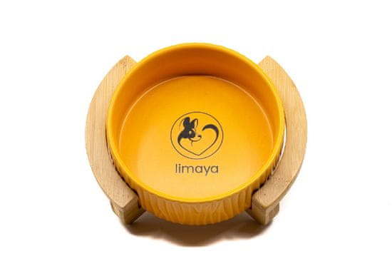 limaya Limaya keramická miska pro psy a kočky oranžová strukturovaná s dřevěným půlkruhovým podstavcem 13 cm