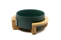 limaya Limaya keramická miska pro psy a kočky tmavě zelená strukturovaná s dřevěným půlkruhovým podstavcem 15,5 cm