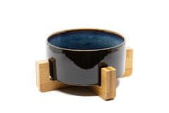 limaya Limaya keramická miska pro psy a kočky černo modrá žíhaná lesklá s dřevěným podstavcem 15,5 cm
