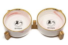 limaya Limaya keramická dvojmiska pro psy a kočky žíhaná bílo růžová se zlatým okrajem a dřevěným podstavcem 15,5 cm