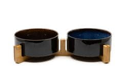 limaya Limaya keramická dvojmiska pro psy a kočky černo modrá žíhaná s dřevěným podstavcem 15,5 cm