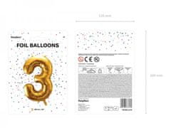 Paris Dekorace Foliový zlatý balónek číslice 3, 86 cm