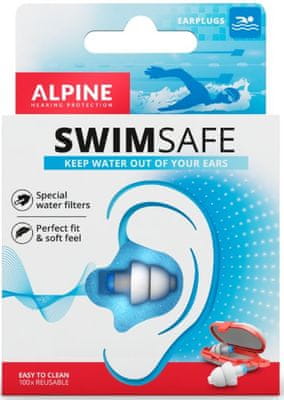 špunty do uší alpine SwimSafe dlouhá životnost z hypoalergenního materiálu omyvatelné vyrobeny v holandsku ideální na plavání surfing ochrana sluchu