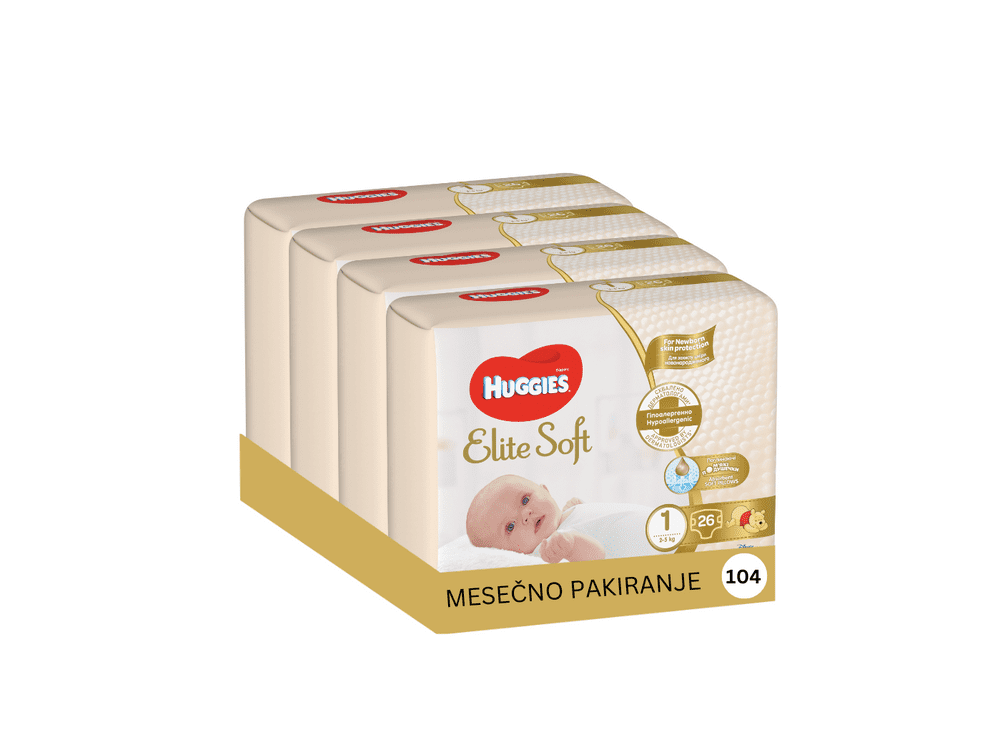 Huggies Elite Soft 1 Newborn (3-5 kg) 104 ks (4x26 ks) - Měsíční balení