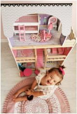 Mamabrum Velký dřevěný třípatrový domeček pro panenky s terasou, sadou nábytku a LED osvětlením!