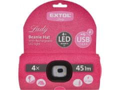 Extol Light čepice s čelovkou 4x45lm, USB nabíjení, růžová, univerzální velikost, 73% acryl a 27% polyester