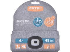 Extol Light čepice s čelovkou 4x45lm, USB nabíjení, šedá, univerzální velikost, 73% acryl a 27% polyester