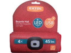 Extol Light čepice s čelovkou 4x45lm, USB nabíjení, červená, univerzální velikost, 73% acryl a 27% polyester